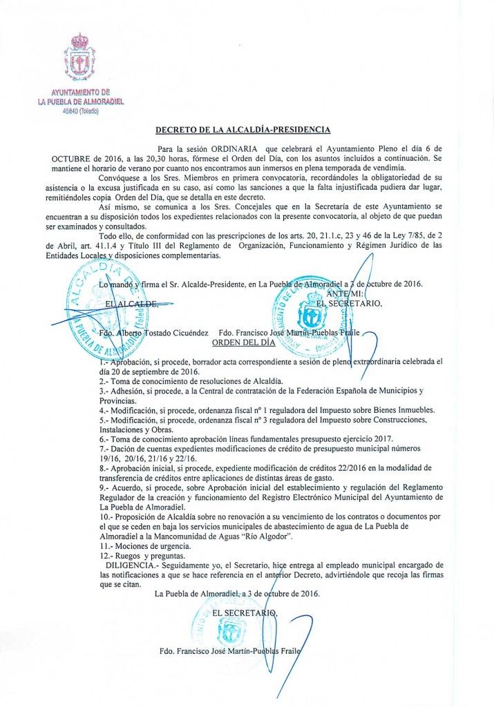 Convocatoria pleno 6 oct. 2016