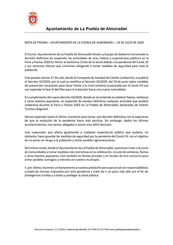 Cancelación de Fiestas 2020