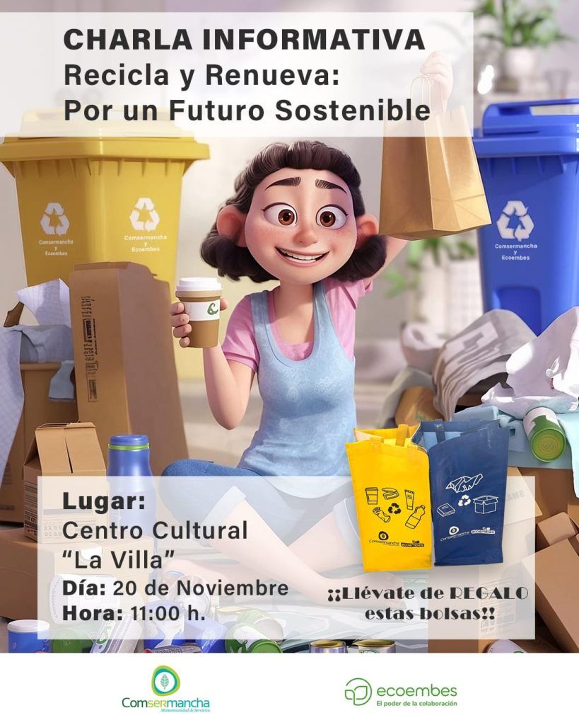 Cartel de la charla informativa "Recicla y Renueva: Por un Futuro Sostenible" en La Puebla de Almoradiel, 20 de noviembre de 2024
