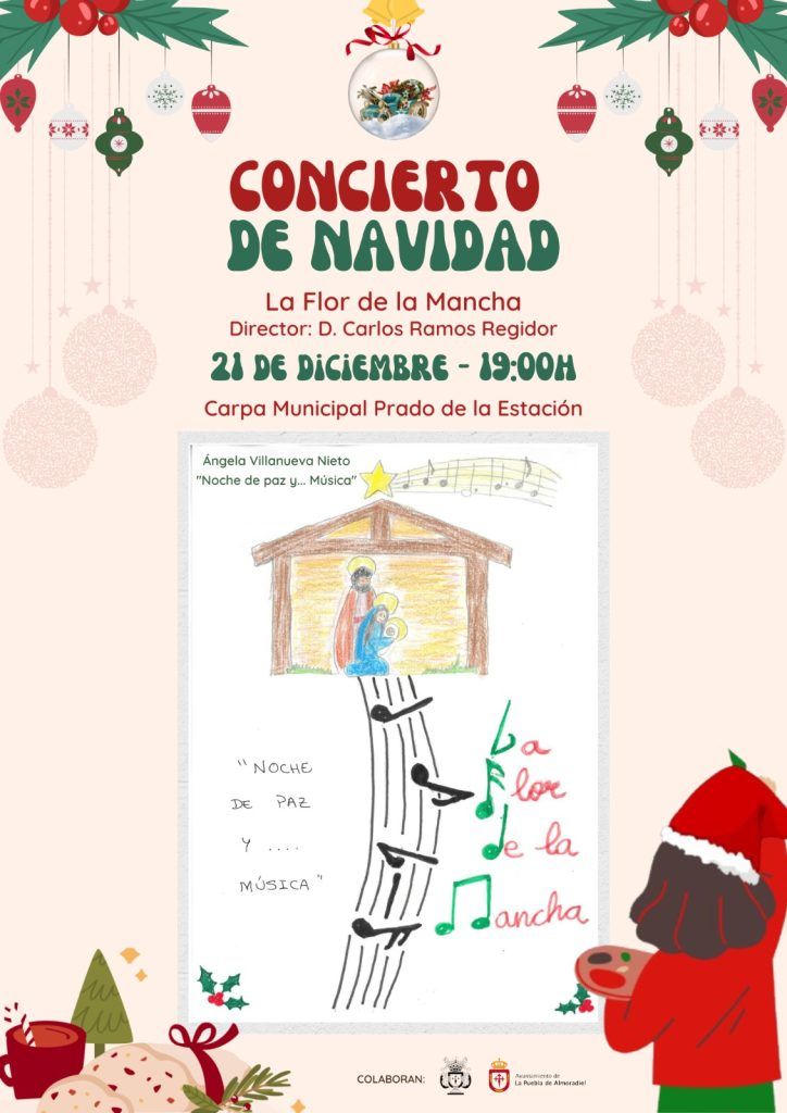 Cartel con dibujo navideño que promociona el Concierto de Navidad de "La Flor de la Mancha", 21 de diciembre a las 19:00h en La Puebla de Almoradiel.