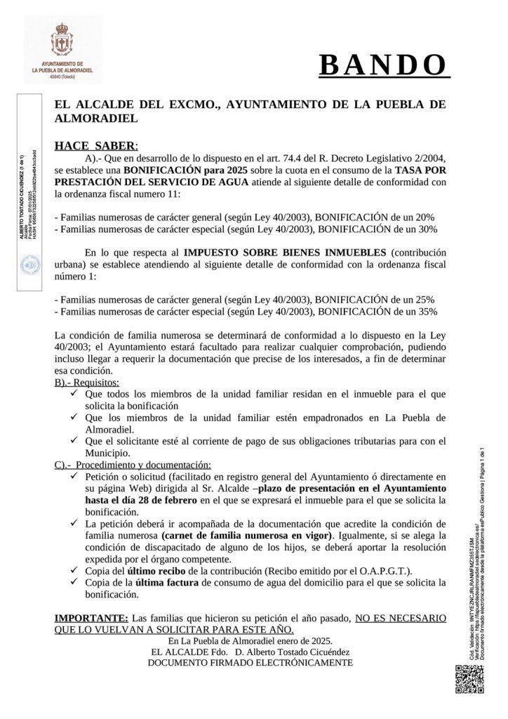 Bonificación en IBI y servicio de agua para familias numerosas ...